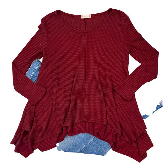 Altar'd State Maroon/Burgundy Waffle Knit Asymmetrical Top/Tunic - SIZE SMALL - Picture 2 of 8
